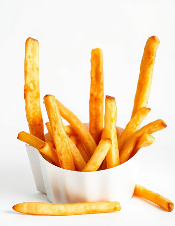 French fries in a white bowl on a white background. Selective focus