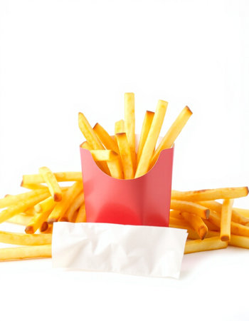 French fries in a red paper box on a white background, isolated