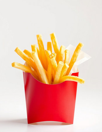 French fries in a red box on a white background with copy space
