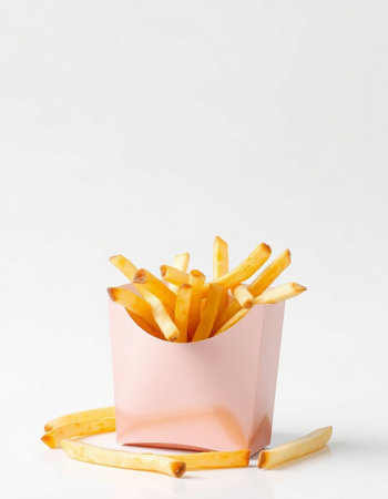 French fries in a pink paper box on a white background. Fast food.