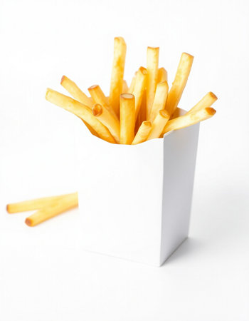 French fries in a white box on a white background. Fast food.