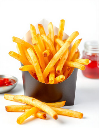 French fries with ketchup on a white background. Selective focus.