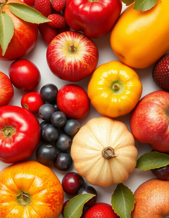 collection of fruits and vegetables isolated on white background, healthy food concept