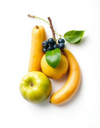 Fruits isolated on white background. Banana, apple, pear, blueberryの写真素材