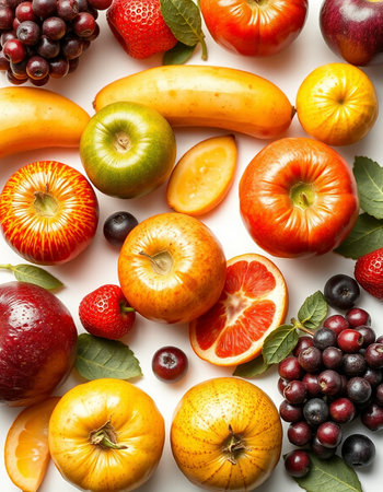 Fruits and berries on a white background. Top view. Flat lay.の写真素材