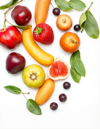 Fruits and vegetables on white background. Healthy food. Top view.