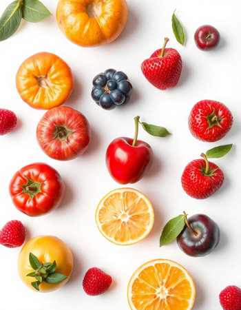 Flat lay composition with fresh fruits and berries on white background, top view