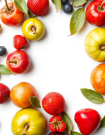 Fruits and berries on white background. Top view. Flat lay