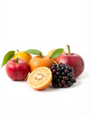 Fruits isolated on a white background. Orange, apple, grape, pomegranateの写真素材