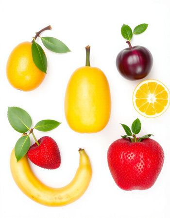 Fruits isolated on white background. Flat lay, top view.の写真素材