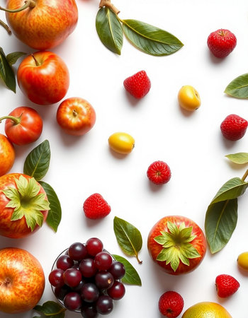Fruits and berries on white background. Top view. Flat lay