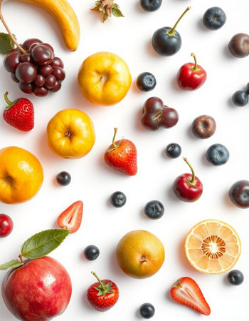 Fruits and berries pattern on white background. Flat lay, top viewの写真素材