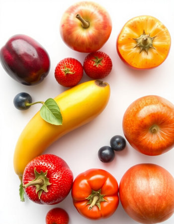 Fruits and vegetables on a white background. Flat lay, top viewの写真素材