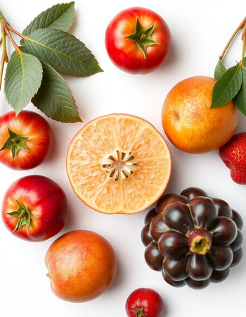 Composition with ripe fruits and berries on white background, top view