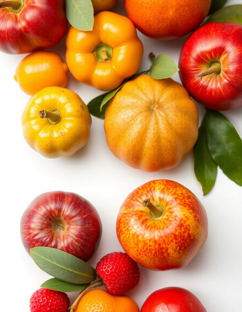 Fruits and vegetables isolated on white background. Top view. Flat lay.の写真素材