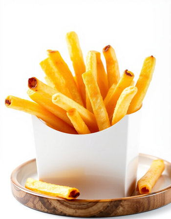 French fries in a white box on a wooden stand on a white background