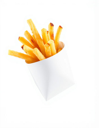 French fries in paper box isolated on white background. Fast food.