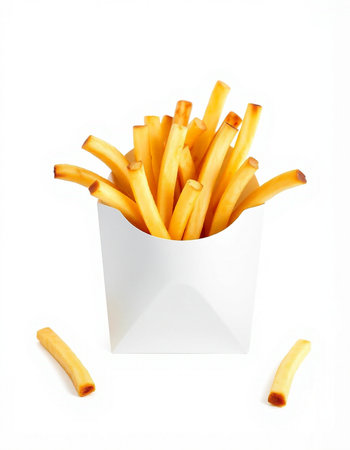 French fries in a white box on a white background. Isolated