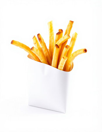 French fries in paper box isolated on white background, clipping path included