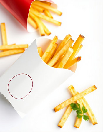 French fries in a paper box on a white background. Selective focus.