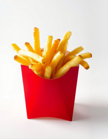 French fries in a red box on a white background, fast food