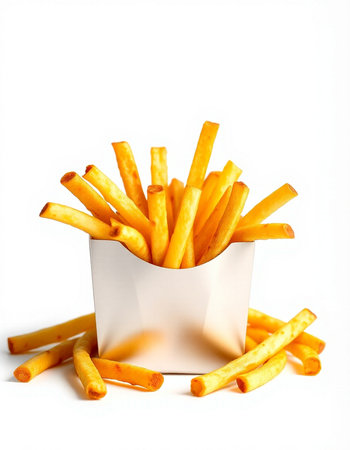 French fries in a white box on a white background. Isolated