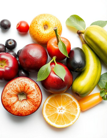 Fruits and vegetables isolated on white background. Healthy food concept.の写真素材
