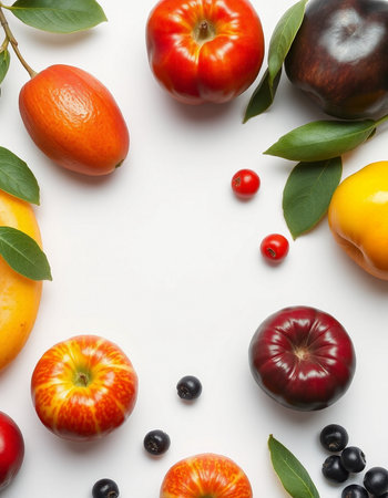 Composition with ripe fruits and berries on white background, top viewの写真素材