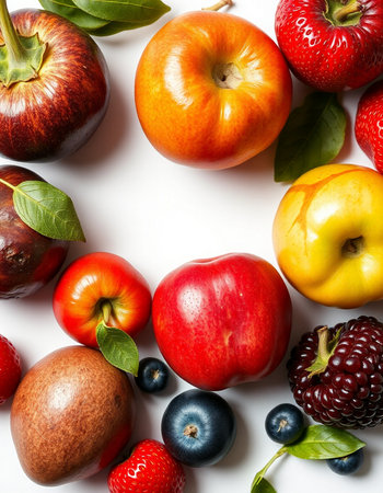 Fruits on a white background. Flat lay, top view.