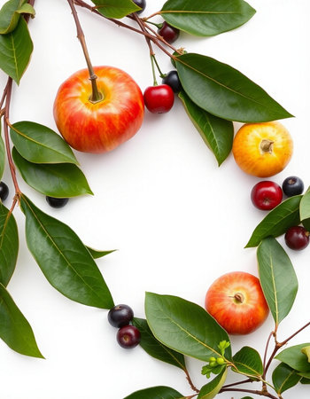 Autumn composition with apple, cherries and leaves on white backgroundの写真素材
