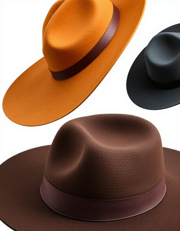Men's hats in brown and black colors on a white background.の写真素材