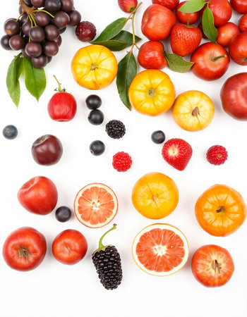 Fresh fruits and berries on white background. Top view. Flat lay.の写真素材