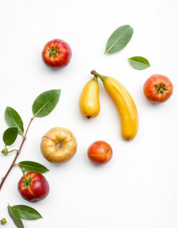 Fruits and vegetables on white background. Flat lay, top viewの写真素材