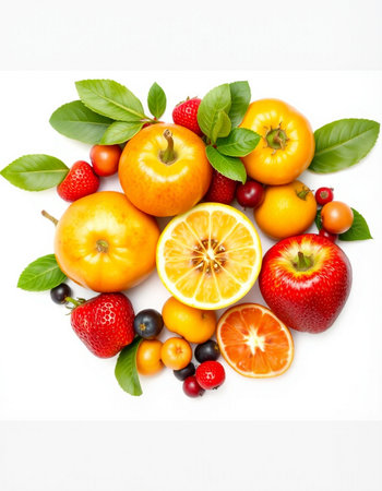 Fruits and berries on a white background. Healthy food concept.