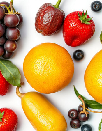 Fruits isolated on white background. Top view. Flat lay patternの写真素材