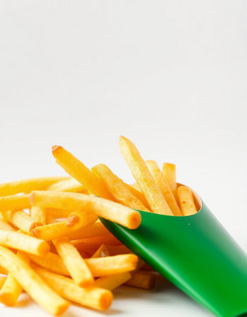 Golden French fries potatoes on a white background with a green plastic containerの写真素材