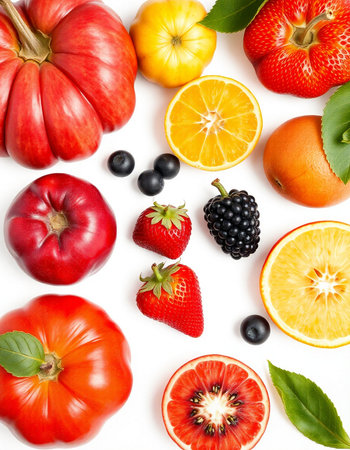 Fresh fruits and vegetables isolated on white background. Flat lay, top view