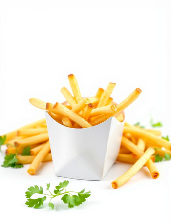 French fries with parsley on white background. Selective focus.の写真素材