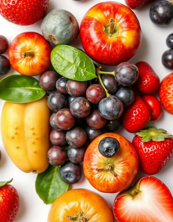 Fruits and berries on a white background. Flat lay, top viewの写真素材