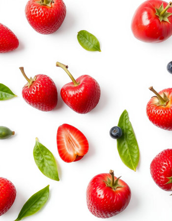 Fresh strawberry and blueberry isolated on white background. Flat lay, top viewの写真素材