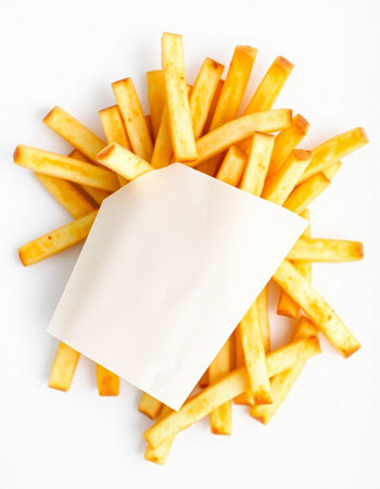 French fries with blank paper on a white background. Top view.