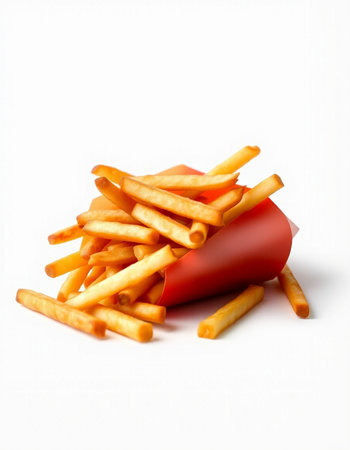 French fries in a red box with a tomato on a white background