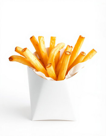 French fries in paper box isolated on white background. Selective focus.