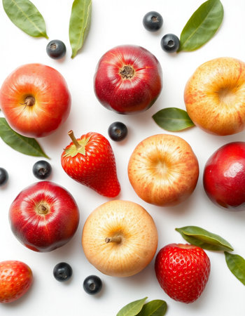 Red apples and blueberries on white background. Flat lay, top viewの写真素材