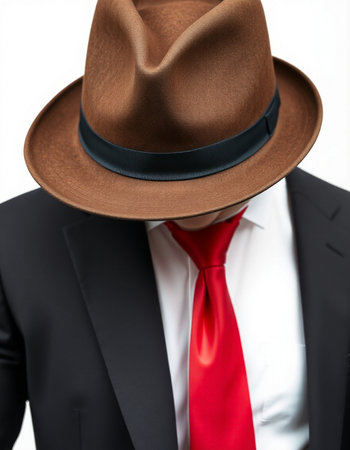 Mannequin wearing a hat and a red tie on white backgroundの写真素材