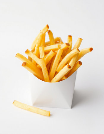 French fries in a white box on a white background, close-up