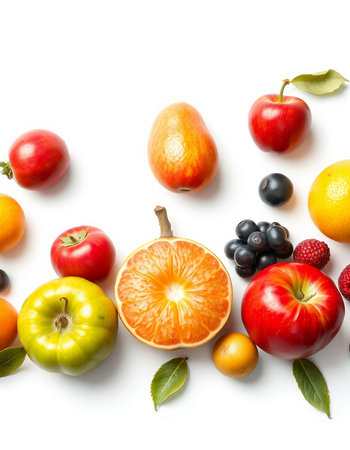 Fresh fruits isolated on white background. Top view. Flat lay.