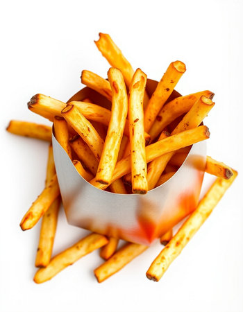 French fries in a metal box on a white background. Selective focus.