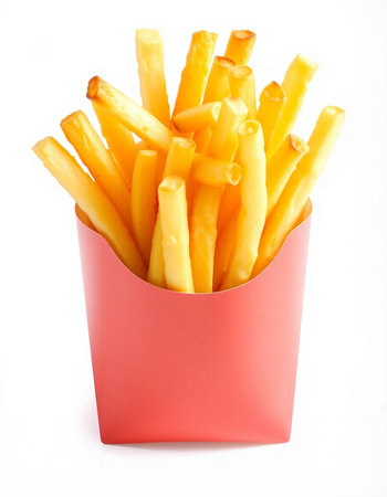 French fries in a red box isolated on white background. Selective focus.