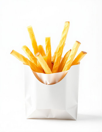 French fries in a white paper bag on a white background, isolated